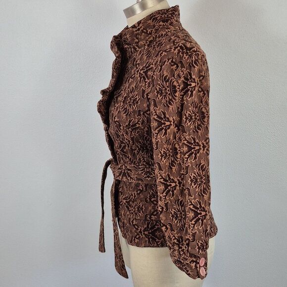 Vintage 90s Y APPAREL Women's Jacket Self Belt Standup Ruffle Collar Brown Small - Picture 4 of 15